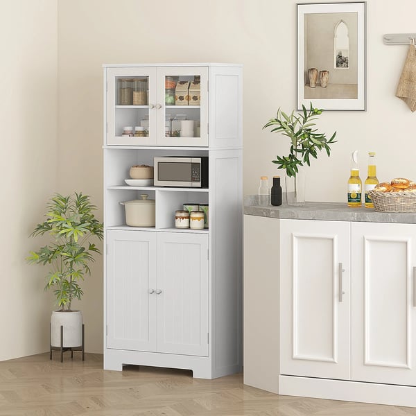 Köksskåp - Högskåp - Glasdörrar - Justerbara hyllor - Öppna hyllplan - Tippskydd - 60 x 30 x 145,5 cm - Vit