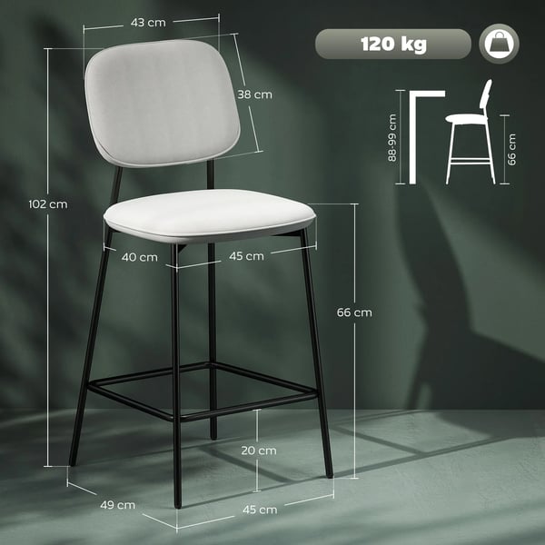 Barstolar 2-pack - Barstol - Sammetklätt ryggstöd - Stålram - Utan armstöd - 45×49×102 cm - Montering krävs - Ljusgrå