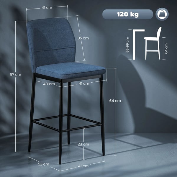 Barstolar 2-pack - Hög barstol - Sammetklädsel - Stålben - För kök/matplats/bar - 41×52×97 cm - Utan armstöd - Montering krävs - Blå