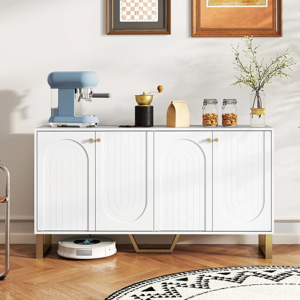Sideboard skänk - Matsalsmöbel - 4 Bågformade Dörrar - Justerbara Hyllor - Guldfärgade Ben - 140,8 x 35 x 77,5 cm - Montering Krävs - Vit