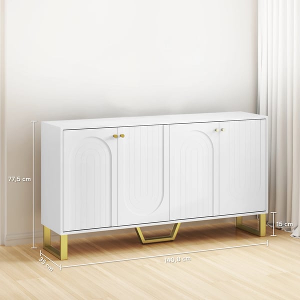 Sideboard skänk - Matsalsmöbel - 4 Bågformade Dörrar - Justerbara Hyllor - Guldfärgade Ben - 140,8 x 35 x 77,5 cm - Montering Krävs - Vit
