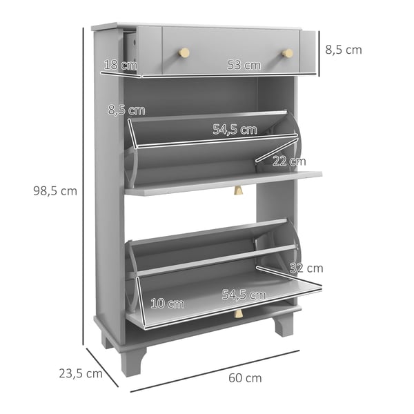 Skoskåp - Smalt Skoställ - 2 Fällbara Dörrar - 1 Låda - För 8 Par - 60×23,5×98,5 cm - Grå