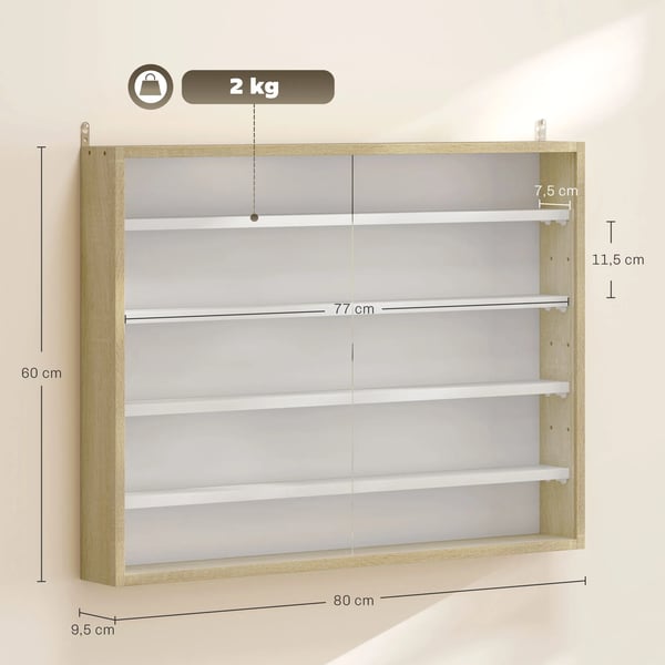 Vägghängt vitrinskåp - Väggskåp i trä - 2 Skjutdörrar i Glas - Justerbara Hyllor - 80 x 9,5 x 60 cm - Ek och Vit