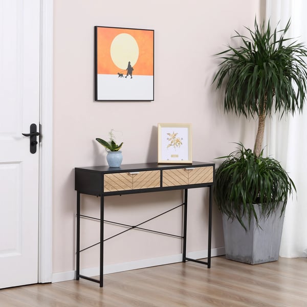 Konsolbord - Smalt hallbord - 2 lådor - Snidade linjer - Modern stil - Svart och ek