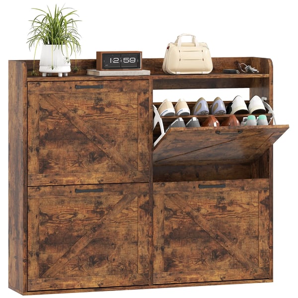 Skoskåp - Skoställ - Smal Modell - 4 Fällbara Fack - Justerbara Avdelare - För 24 Par - Tippskydd - 120x24x103 cm - Brun Skoskåp - Skoställ - Smal Modell - 4 Fällbara Fack - Justerbara Avdelare - För 24 Par - Tippskydd - 120x24x103 cm - Brun