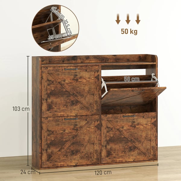 Skoskåp - Skoställ - Smal Modell - 4 Fällbara Fack - Justerbara Avdelare - För 24 Par - Tippskydd - 120x24x103 cm - Brun