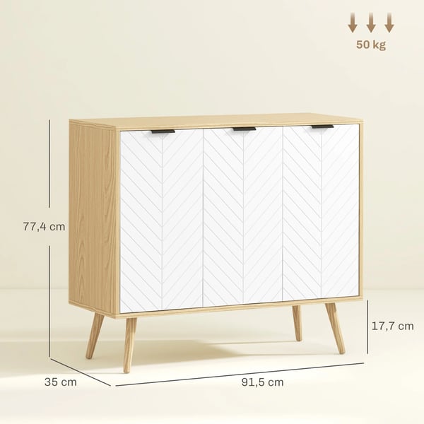 Sideboard - Skänk - 3 Dörrar - Justerbara Hyllor - Maxbelastning 50 kg - 91,5×35×77,4 cm - Vit & Natur