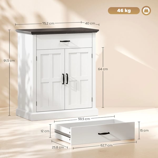 Rustik skänk - Sideboard - 2 Dörrar - 1 Låda - Justerbar Hylla - 75,2 x 40 x 91,5 cm - Vit