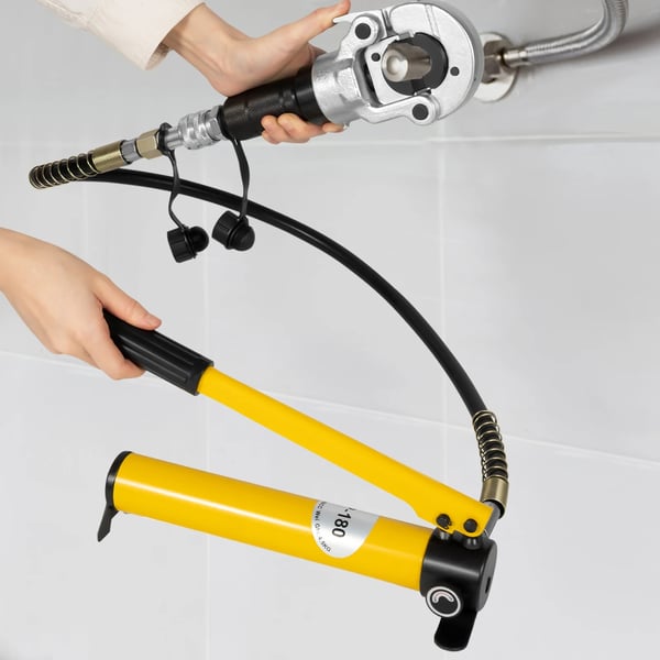 Hydraulinen puristustyökalu - Puristuspihdit PEX-, PB- ja kupariputkille - 6 t - 360° kääntyvä pää - 9 leukaa V 12–28 mm TH 16–32 mm - Keltainen