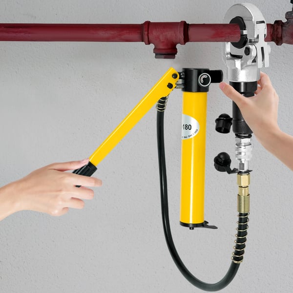 Hydraulinen puristustyökalu - Puristuspihdit PEX-, PB- ja kupariputkille - 6 t - 360° kääntyvä pää - 9 leukaa V 12–28 mm TH 16–32 mm - Keltainen