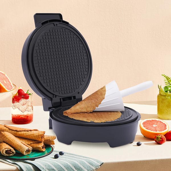 Jäätelötötterö- ja rullavohvelikone - Sähköinen vohvelirauta - 1200 W - Tarttumaton pinnoite - 150–200 °C - 220–240 V - 24×21×10,5 cm - Musta