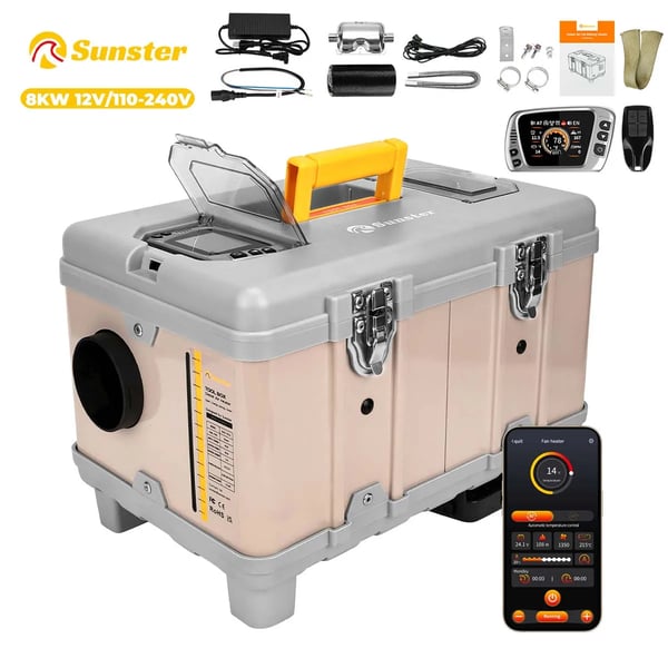 Diesel ilmalämmitin - Pysäköintilämmitin 8 kW - Kaksoisjännite 12 V DC + 110–240 V AC - App/Bluetooth - Lämmitys & Tuuletus - Säiliö 6 l - Keltainen