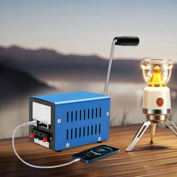 Håndsvinget Generator - F20 - 20 W Nødstrøm - USB-opladning - 3–28 V Multispænding - Til Udendørs/Camping - Blå