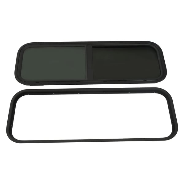 Campingvogn/autocamper sidevindue - 90 x 30 cm - Hærdet sort glas - Aluminiumsramme - Insektnet & Monteringsring - Rektangulært - Sort