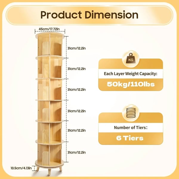 Roterende bogreol - Displayreol - 6 niveauer - 360° drejbar - Opbevaring og organisering - Træ - Selvmontering - Natur