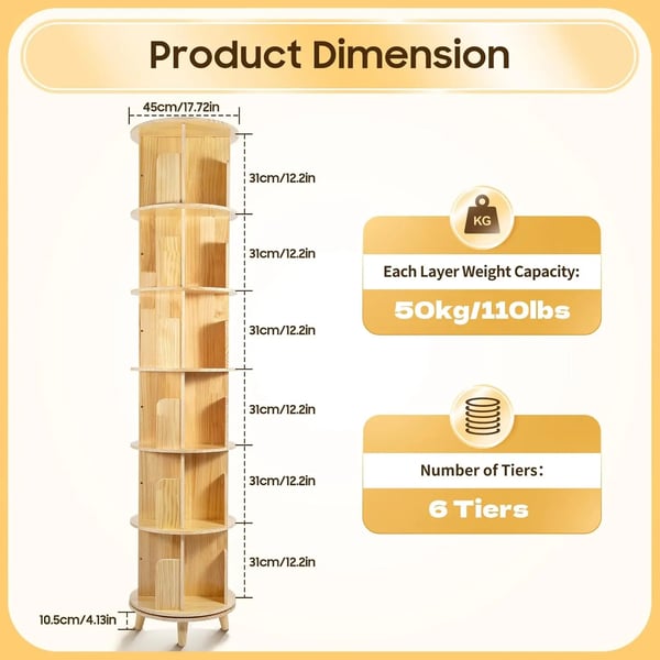 Roterende bogreol - Displayreol - 6 niveauer - 360° drejbar - Opbevaring og organisering - Træ - Selvmontering - Natur