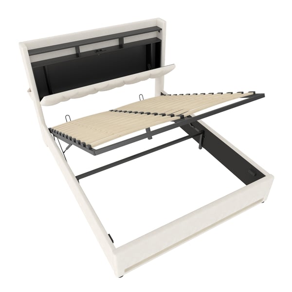 Sengeramme i velour - Seng 160×200 cm - Foldbar sengegavl med LED - Opbevaring under sengen - USB-porte - Hvid