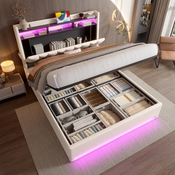 Sengeramme i velour - Seng 160×200 cm - Foldbar sengegavl med LED - Opbevaring under sengen - USB-porte - Hvid