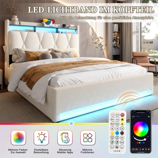 Sengeramme i velour - Seng 160×200 cm - Foldbar sengegavl med LED - Opbevaring under sengen - USB-porte - Hvid