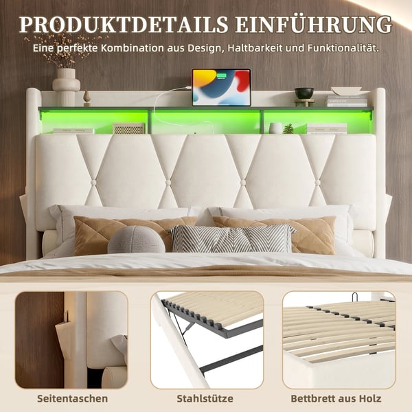 Sengeramme i velour - Seng 160×200 cm - Foldbar sengegavl med LED - Opbevaring under sengen - USB-porte - Hvid
