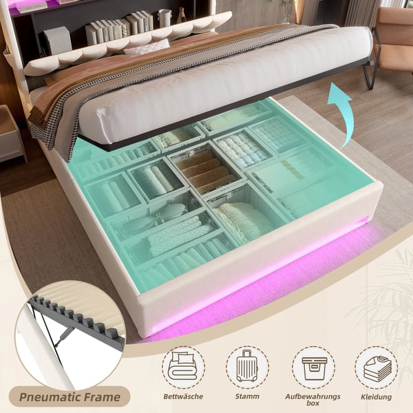 Sengeramme i velour - Seng 160×200 cm - Foldbar sengegavl med LED - Opbevaring under sengen - USB-porte - Hvid