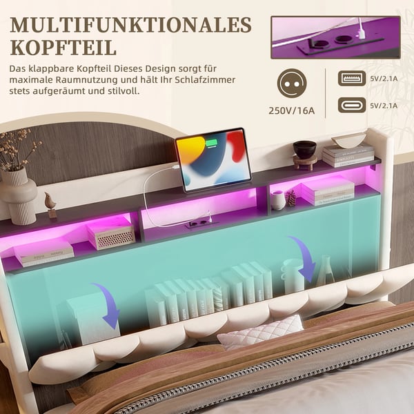 Sengeramme i velour - Seng 160×200 cm - Foldbar sengegavl med LED - Opbevaring under sengen - USB-porte - Hvid
