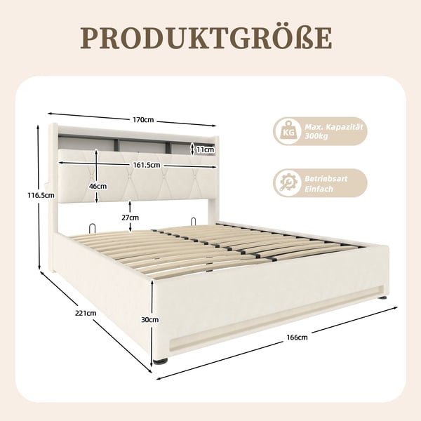 Sengeramme i velour - Seng 160×200 cm - Foldbar sengegavl med LED - Opbevaring under sengen - USB-porte - Hvid