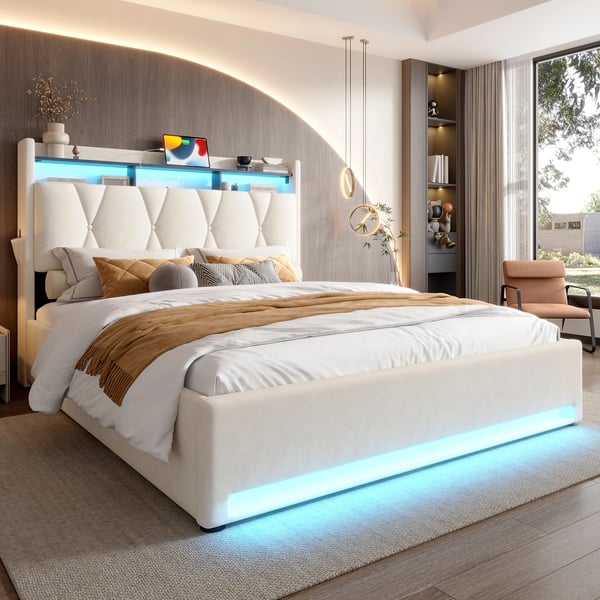 Sengeramme i velour - Seng 160×200 cm - Foldbar sengegavl med LED - Opbevaring under sengen - USB-porte - Hvid