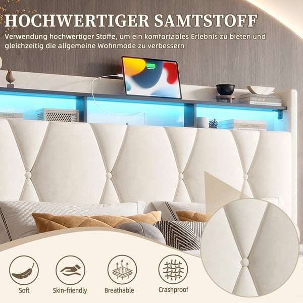 Sengeramme i velour - Seng 160×200 cm - Foldbar sengegavl med LED - Opbevaring under sengen - USB-porte - Hvid