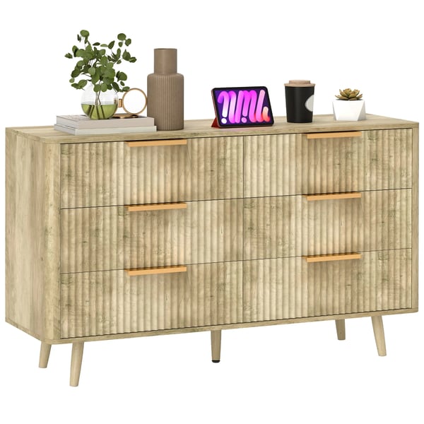 Byrå - Med 6 Lådor - Räfflad Design - 62 x 35 x 105 cm - För Vardagsrum/Hall - Ek