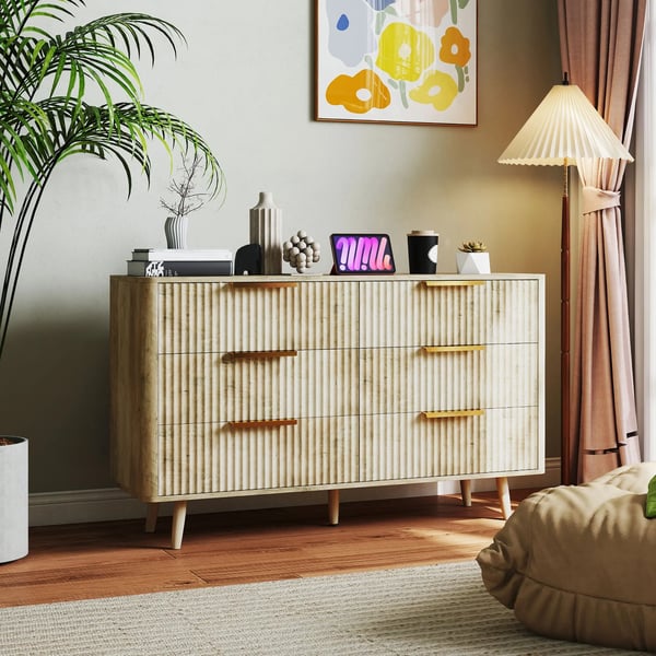 Byrå - Med 6 Lådor - Räfflad Design - 62 x 35 x 105 cm - För Vardagsrum/Hall - Ek