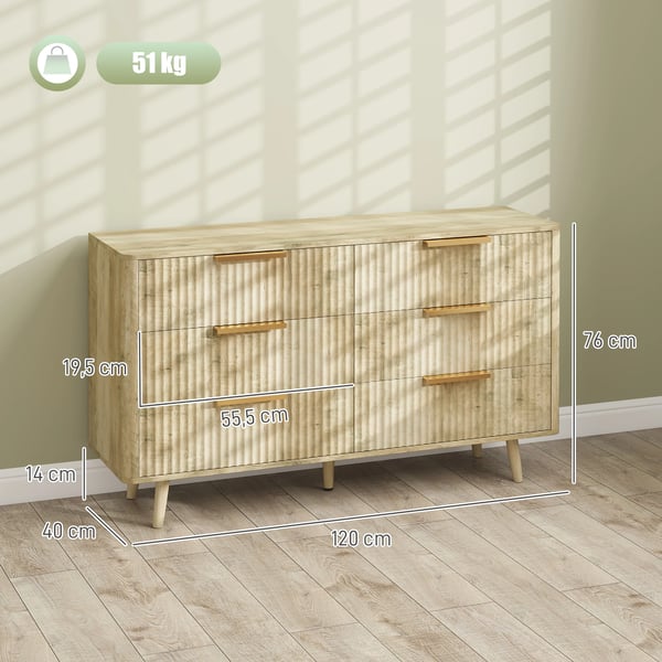 Byrå - Med 6 Lådor - Räfflad Design - 62 x 35 x 105 cm - För Vardagsrum/Hall - Ek