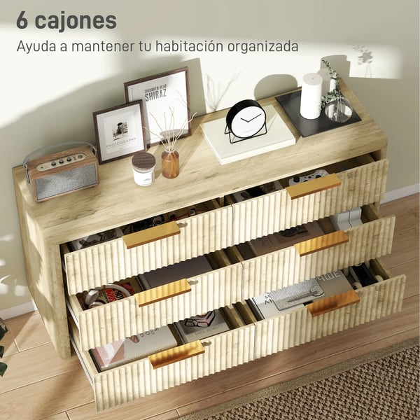 Byrå - Med 6 Lådor - Räfflad Design - 62 x 35 x 105 cm - För Vardagsrum/Hall - Ek