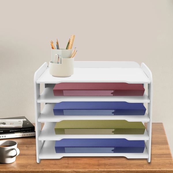 Brevbakke - Dokumentholder 5 Bakker A4 - Med Håndtag - 34×25×26,5 cm - PVC Træ-plast-komposit - Hvid