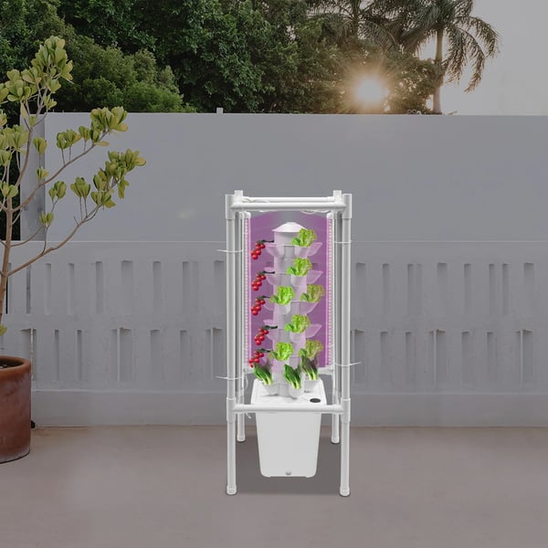 Hydroponisk tårnhave - Indendørs dyrkningssystem - 6 niveauer - 30 plantehuller - 4 LED vækstlys - Selvvandende - Smart - Hvid