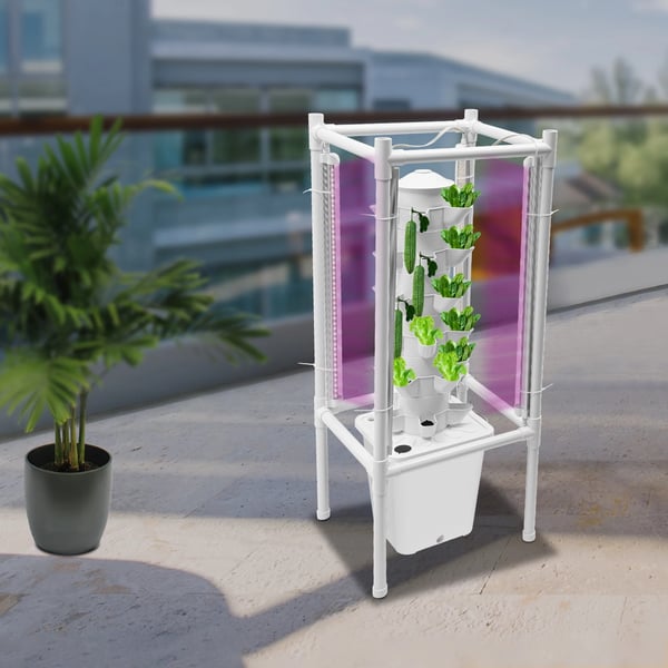 Hydroponisk tårnhave - Indendørs dyrkningssystem - 6 niveauer - 30 plantehuller - 4 LED vækstlys - Selvvandende - Smart - Hvid