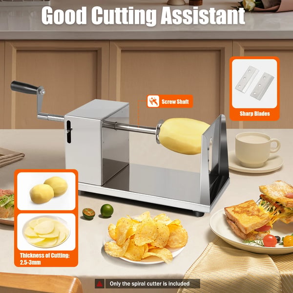 Kartoffel Twister - Spiral Slicer - 430 Rustfrit Stål - Plast - Spiralchips/Tornado - Til Kartofler & Grøntsager - CE/EU - Sølv