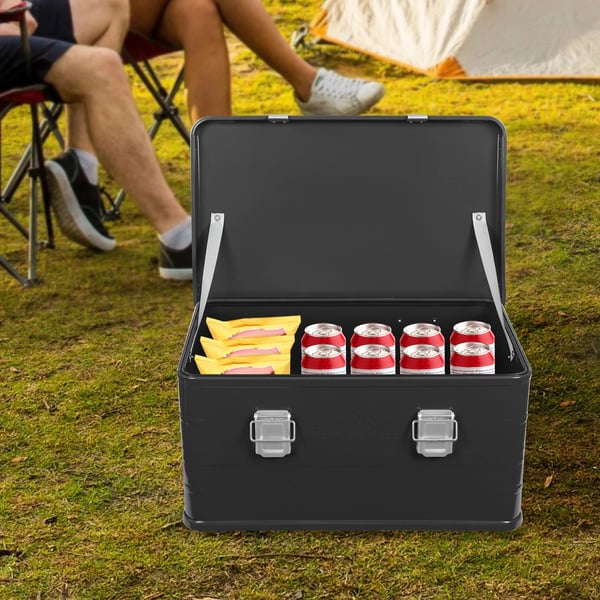 Opbevaringskasse i aluminiumslegering - Opbevaringsboks til camping - Låsbar - Stor kapacitet 50 L - Med låg - Sort