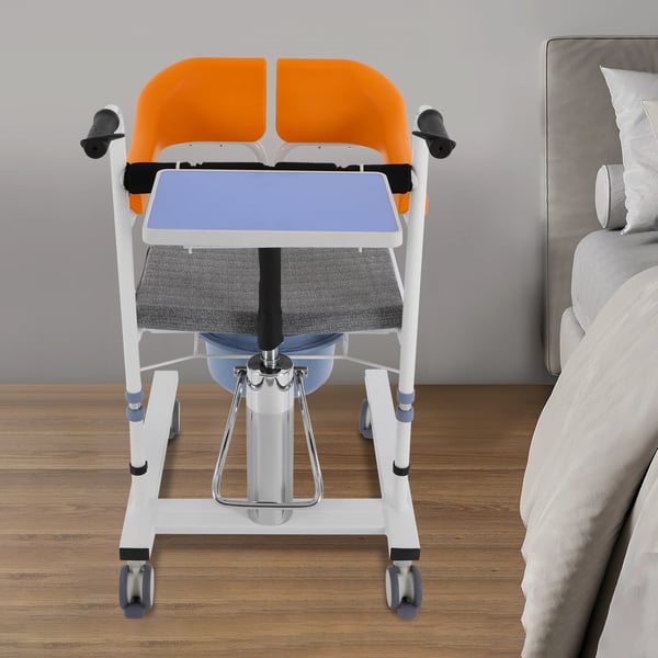 Potilasnostin - Siirtotuoli pyörillä - Hydraulinen Korkeussäätö - Selkänoja 180° Taittuva - Enintään 100 kg - WC-ämpäri 33×28×16 cm - Harmaa