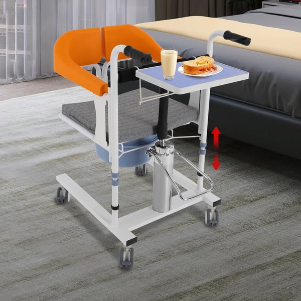 Potilasnostin - Siirtotuoli pyörillä - Hydraulinen Korkeussäätö - Selkänoja 180° Taittuva - Enintään 100 kg - WC-ämpäri 33×28×16 cm - Harmaa