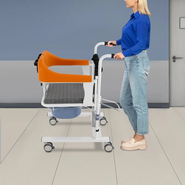 Potilasnostin - Siirtotuoli pyörillä - Hydraulinen Korkeussäätö - Selkänoja 180° Taittuva - Enintään 100 kg - WC-ämpäri 33×28×16 cm - Harmaa