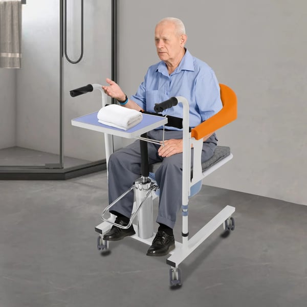 Potilasnostin - Siirtotuoli pyörillä - Hydraulinen Korkeussäätö - Selkänoja 180° Taittuva - Enintään 100 kg - WC-ämpäri 33×28×16 cm - Harmaa
