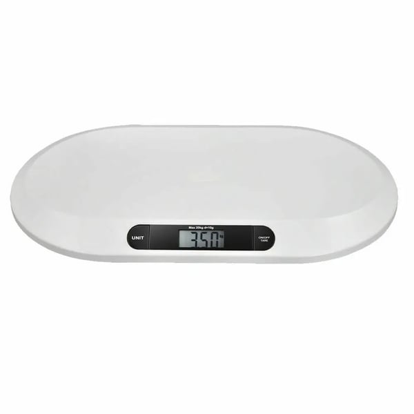 Digital baby- & kæledyrsvægt - Vægt - Kapacitet 20 kg - Interval 10 g - Tara - Kg/lb/st - Mål 55×32×3 cm - Batterier kræves (ikke inkl.) - Hvid