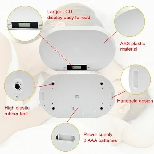 Digital baby- & kæledyrsvægt - Vægt - Kapacitet 20 kg - Interval 10 g - Tara - Kg/lb/st - Mål 55×32×3 cm - Batterier kræves (ikke inkl.) - Hvid