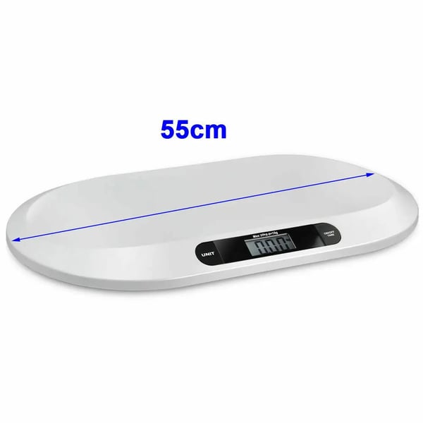 Digital baby- & kæledyrsvægt - Vægt - Kapacitet 20 kg - Interval 10 g - Tara - Kg/lb/st - Mål 55×32×3 cm - Batterier kræves (ikke inkl.) - Hvid
