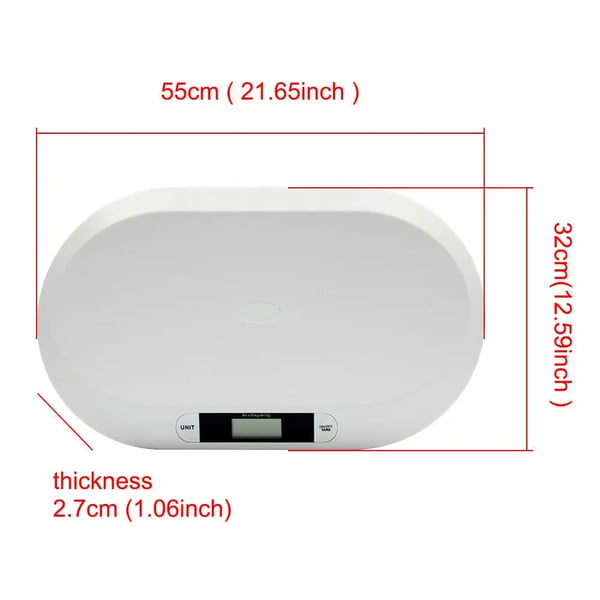 Digital baby- & kæledyrsvægt - Vægt - Kapacitet 20 kg - Interval 10 g - Tara - Kg/lb/st - Mål 55×32×3 cm - Batterier kræves (ikke inkl.) - Hvid