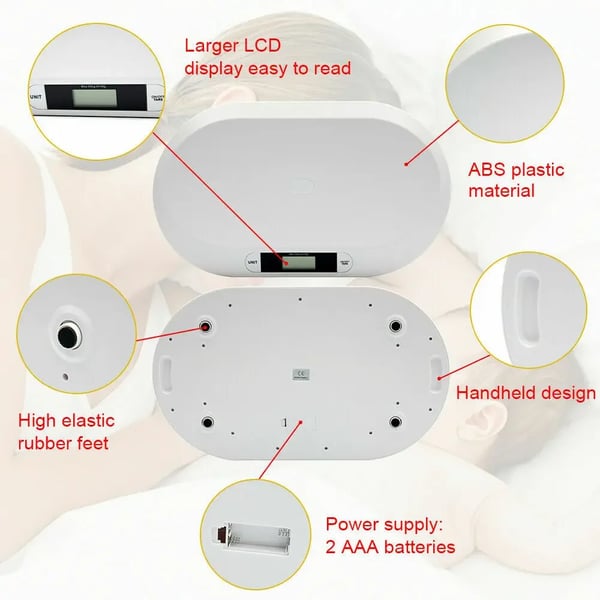 Digital baby- & kæledyrsvægt - Vægt - Kapacitet 20 kg - Interval 10 g - Tara - Kg/lb/st - Mål 55×32×3 cm - Batterier kræves (ikke inkl.) - Hvid