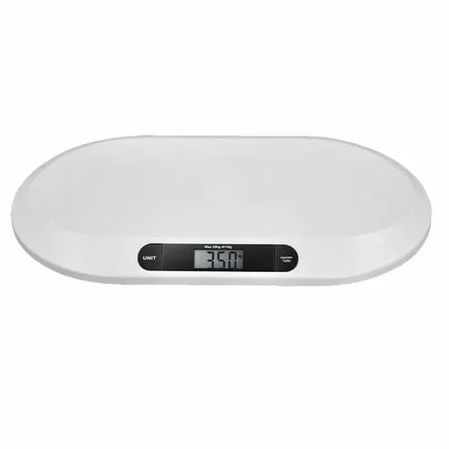 Digital baby- & kæledyrsvægt - Vægt - Kapacitet 20 kg - Interval 10 g - Tara - Kg/lb/st - Mål 55×32×3 cm - Batterier kræves (ikke inkl.) - Hvid