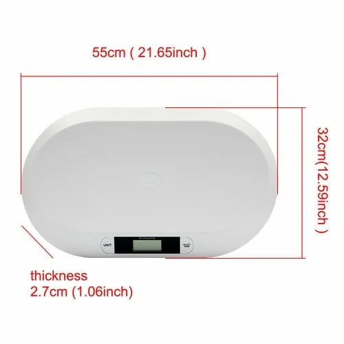 Digital baby- & kæledyrsvægt - Vægt - Kapacitet 20 kg - Interval 10 g - Tara - Kg/lb/st - Mål 55×32×3 cm - Batterier kræves (ikke inkl.) - Hvid