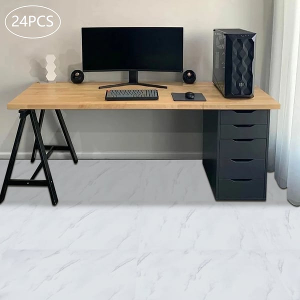 Selvklæbende PVC gulvfliser - Vinyl gulvfliser - Stenlook - 24 Stk - Størrelse 60×30 cm - Tykkelse 1,3 mm - Rektangulær - Hvid